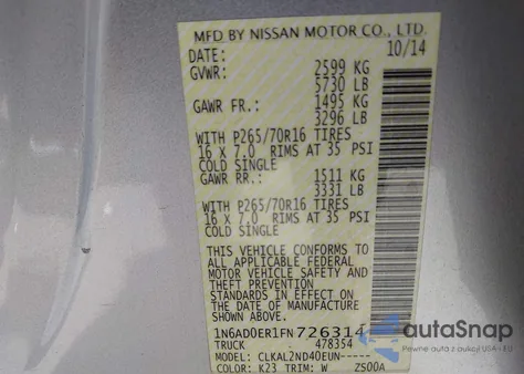 2015 Nissan Frontier S/Sv/Sl/Pro-4X from USA, damaged, VIN 1N6AD0ER1FN726314